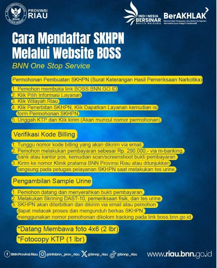 Kemudahan Pendaftaran Surat Keterangan Hasil Pemeriksaan Narkotika (SKHPN) Melalui Website BOSS (BNN One Stop Service) Kemudahan Pendaftaran Surat Keterangan Hasil Pemeriksaan Narkotika (SKHPN) Melalui Website BOSS (BNN One Stop Service)
