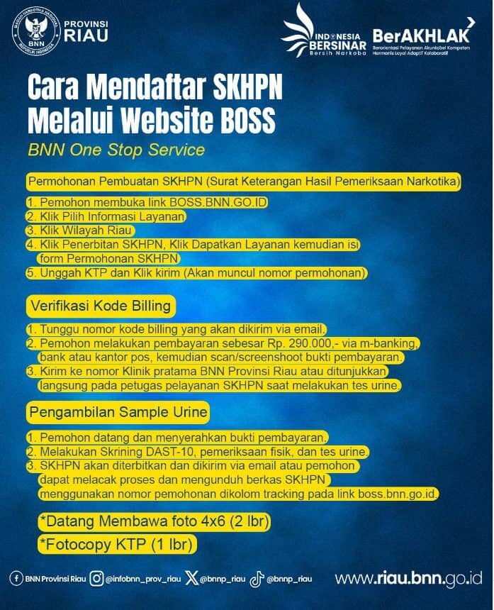 Kemudahan Pendaftaran Surat Keterangan Hasil Pemeriksaan Narkotika (SKHPN) Melalui Website BOSS (BNN One Stop Service)